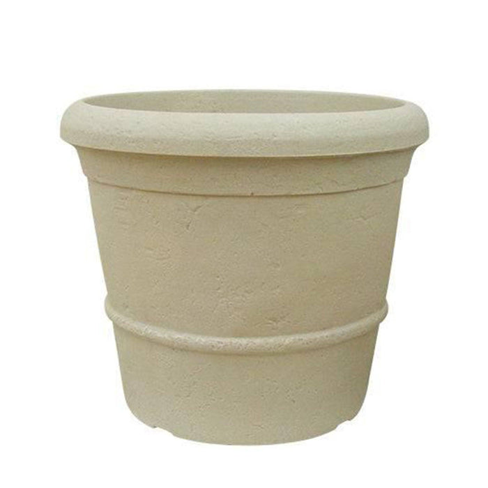 The Pick-Up & Local Delivery Only Planter - Rustic - Sandstone - 35-inch is a beige, round ceramic pot with a wide rim, hand-finished texture, and smooth surface, set against a white background.