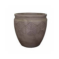 The Pickup & Local Delivery Only Planter - Tribal - Mocha, 22-inch, is a round brown ceramic planter with a weathered stone look and geometric chevron pattern around the top, shown against a plain white background.