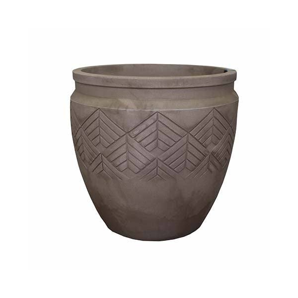 The Pickup & Local Delivery Only Planter - Tribal - Mocha, 22-inch, is a round brown ceramic planter with a weathered stone look and geometric chevron pattern around the top, shown against a plain white background.
