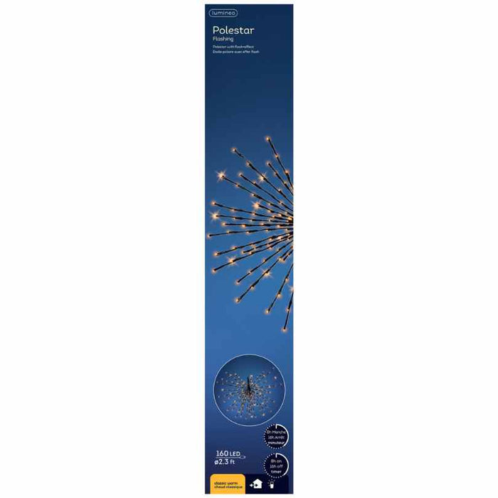 Rectangular blue box packaging for Polestar Flashing LED 160 ct. Black Decoration Classic Warm Lights—ideal for holiday décor. Features a glowing starburst image and is available for pickup & delivery; suitable for indoor or outdoor use.