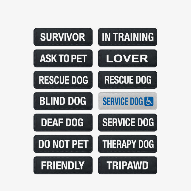 A collection of black and white side badges for dog harnesses, with various labels such as 'SURVIVOR', 'ASK TO PET', 'BLIND DOG', 'DEAF DOG', 'SERVICE DOG', 'THERAPY DOG', 'TRIPAWD', 'LOVER', 'IN TRAINING', and 'FRIENDLY'.