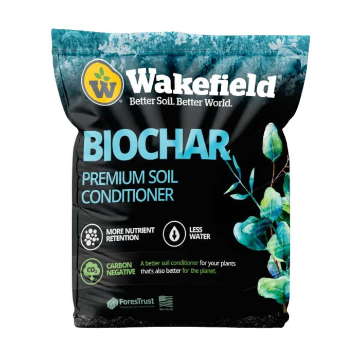 A black bag labeled Premium Biochar Soil Conditioner - 4 Qt. from Available for Pick-Up & Delivery features green/blue plant graphics and highlights moisture and nutrient retention, less water use, carbon negative impact, and improved soil health.
