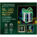 Brighten your holidays with the 16" Present - LED Green Outdoor Decor by Available for Pick-Up & Delivery, featuring 155 twinkling green and white lights. Includes suction cup and yard stake for versatile indoor or outdoor use.
