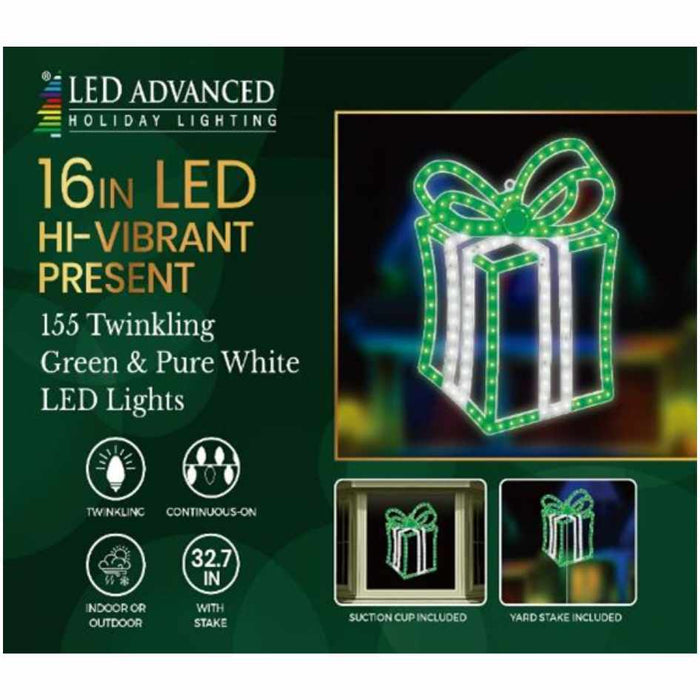 Brighten your holidays with the 16" Present - LED Green Outdoor Decor by Available for Pick-Up & Delivery, featuring 155 twinkling green and white lights. Includes suction cup and yard stake for versatile indoor or outdoor use.