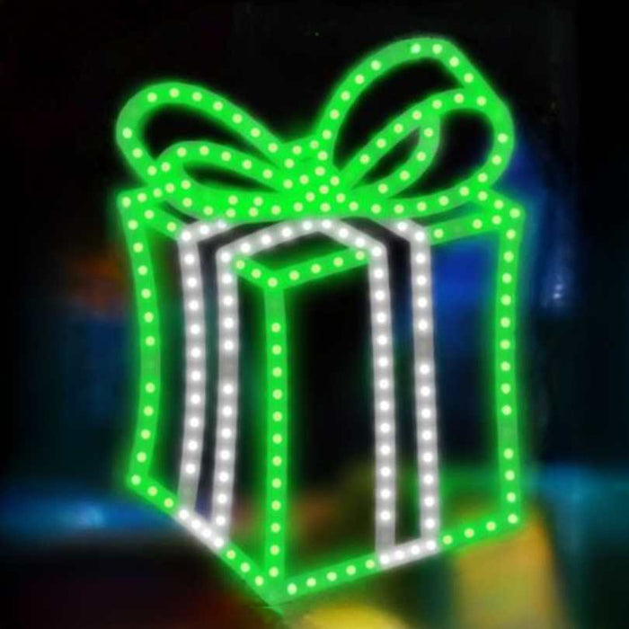 The Present - LED Green Outdoor Decor - 16" by Available for Pick-Up & Delivery features a glowing green and white LED outline with a bow, perfect for outdoor decorating against a dark background.