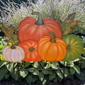 The 28” Pumpkins Stake by Available for Pick-Up & Delivery transforms outdoor spaces into vibrant autumn scenes. The colorful metal pumpkins in orange, green, and white create a lively arrangement when sunlight hits the lush green foliage.