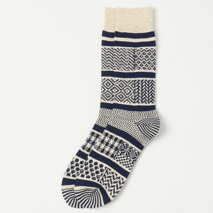 RoToTo Multi Jacquard Sock - Ivory/Navy