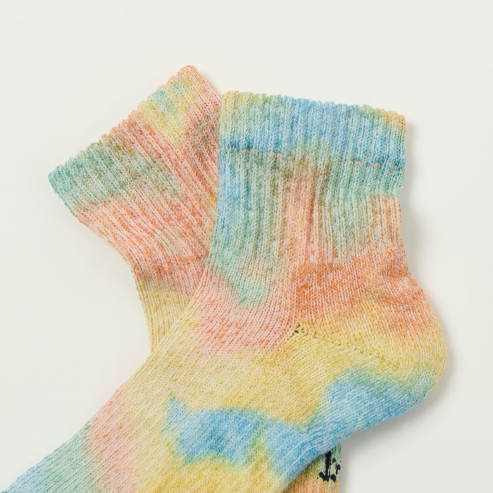 RoToTo Tie Dye Organic Cotton Pile Ankle Sock - Orange/Light Blue/Light Yellow