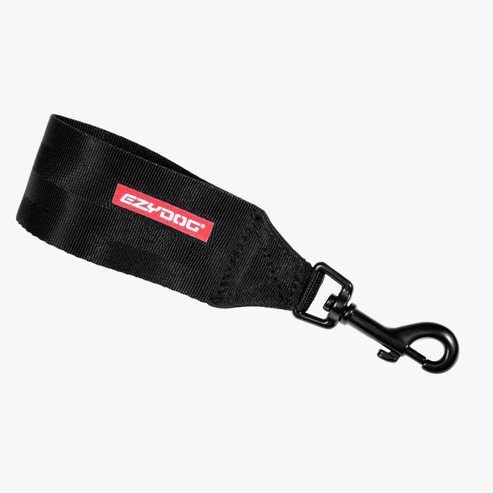 A black dog seat belt restraint with EyDog logo in white background.