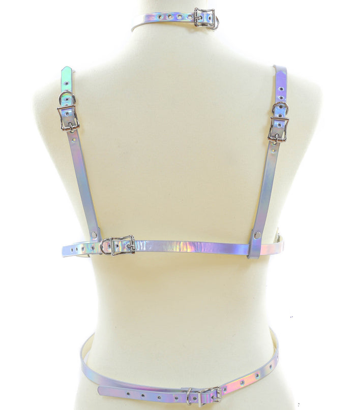 Silver Rainbow Bra Straps  Style Vegan Leather Harness With Belt