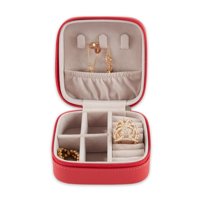 Small Red Leather Travel Jewelry Case with Zipper Closure