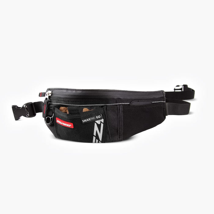 A black pouch with a pocket at the front for treats and a larger zippered pocket for accessories, attached around the waist with adjustable elastic webbing.