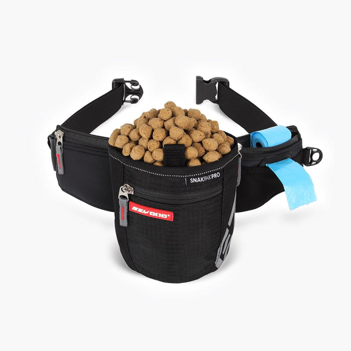 A black EzyDog SnakPak Pro treat belt filled with dog treats, featuring a poop bag dispenser and twin magnetic closures.