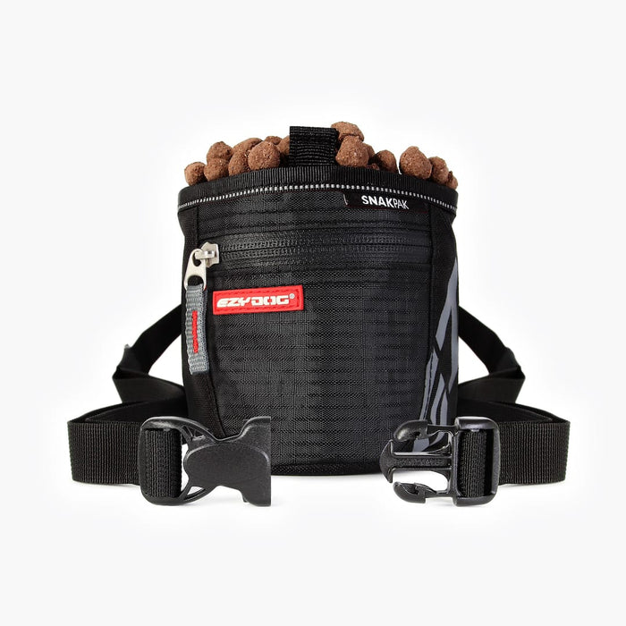 Black dog treat bag with snacks on a white background