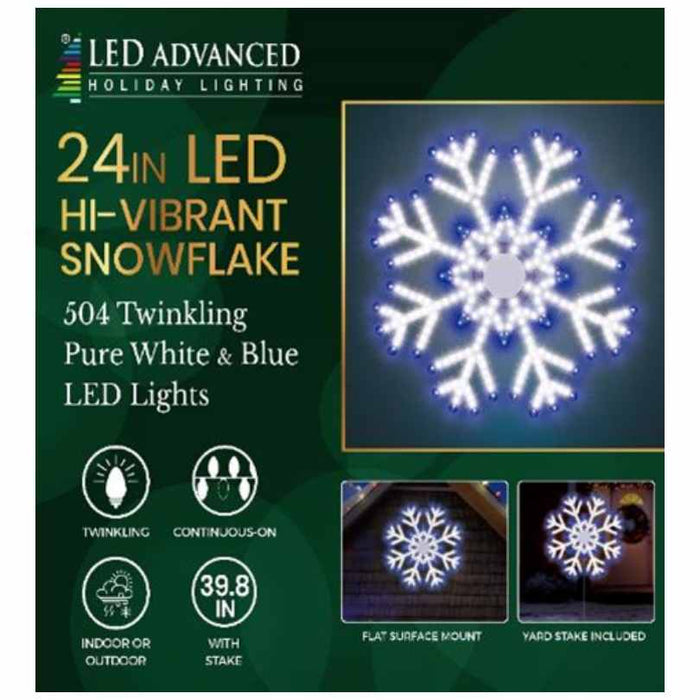 The Snowflake - LED Outdoor Decor - 24" features 504 pure white and blue twinkling lights, twinkling or continuous modes, indoor/outdoor use, a stake, and versatile mounting. Brand: Available for Pick-Up & Delivery.