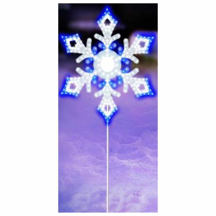 The 24" Snowflake Star Shape LED Outdoor Decor by Available for Pick-Up & Delivery features a radiant center on a thin vertical stick, making it a striking addition to holiday lighting displays against any backdrop.