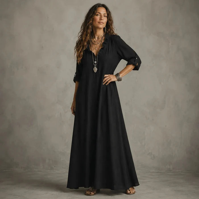 Soléra – Boho Ruffle V-Neck Maxi Dress with Roll-Up Sleeves