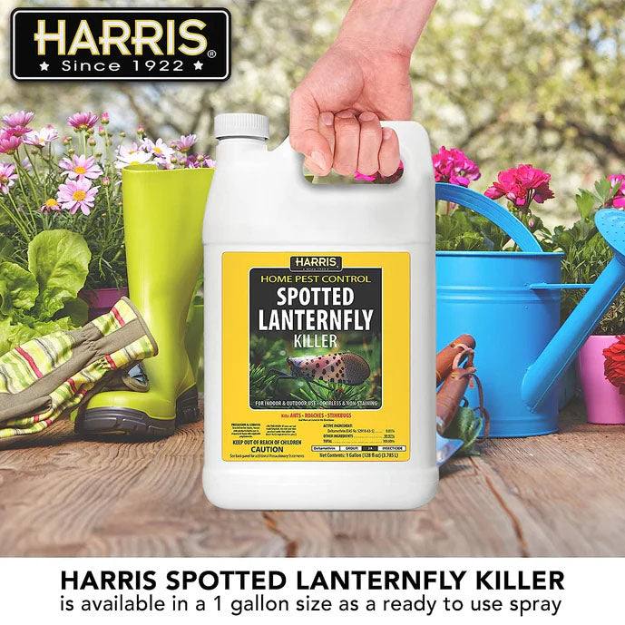 A 128 fl. oz. container of Spotted Lanternfly Killer – Ready-to-Use is shown on a wooden surface with gardening tools, rain boots, a hat, and a blue watering can. EPA registered. Pickup & Local Delivery Only.