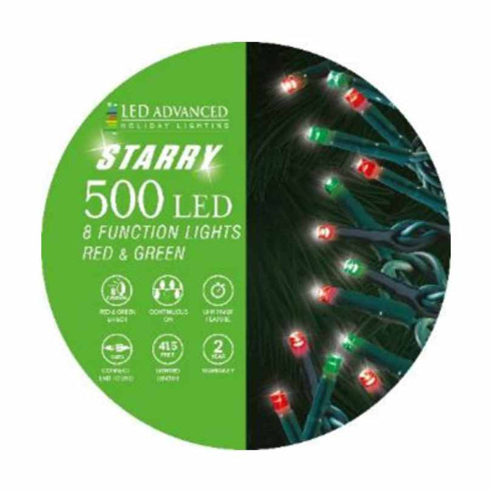 Circular product label for Starry Lights 500 Micro LED String Set – Red & Green – 8 Function. Half is green with details, the other shows lit red and green micro LEDs on dark green foliage. Available for Pick-Up & Delivery.