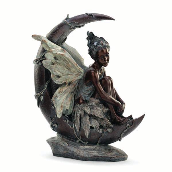 The Statuary - Fairy on a Crescent Moon by Pick-Up & Local Delivery Only features a detailed fairy with delicate wings and leaf-like accents, sitting thoughtfully on a crescent moon for an enchanting, mystical touch.