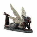 The Statuary - Lying Fairy by Pick-Up & Local Delivery Only features a detailed bronze fairy resting on her stomach with leafy clothing and delicate wings, gazing thoughtfully to the side.