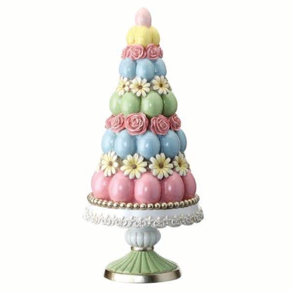 The Pickup & Local Delivery Only Statue – Easter Egg Tree features pastel pink, blue, and green egg-shaped confections with pink roses and white daisies on an ornate pedestal—perfect whimsical holiday decor.