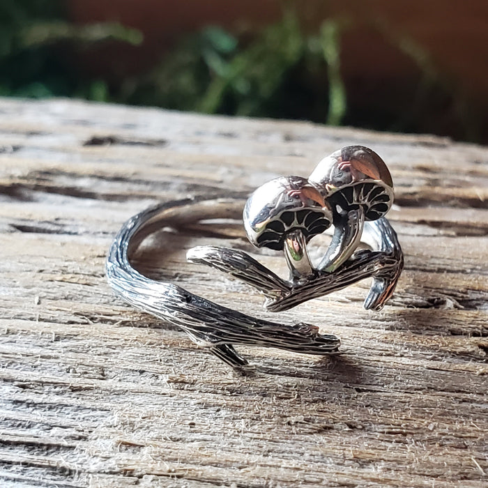 Sterling Silver Adjustable Branch and Mushroom Ring