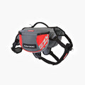 A gray and red Summit Dog Backpack with adjustable straps and a label showing the brand name 'EzyDog' on the front pocket.