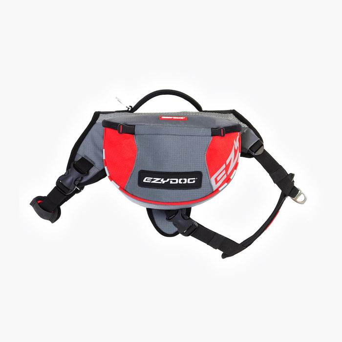 A red and gray Summit Dog™ Backpack with black straps and the brand name visible on the front.