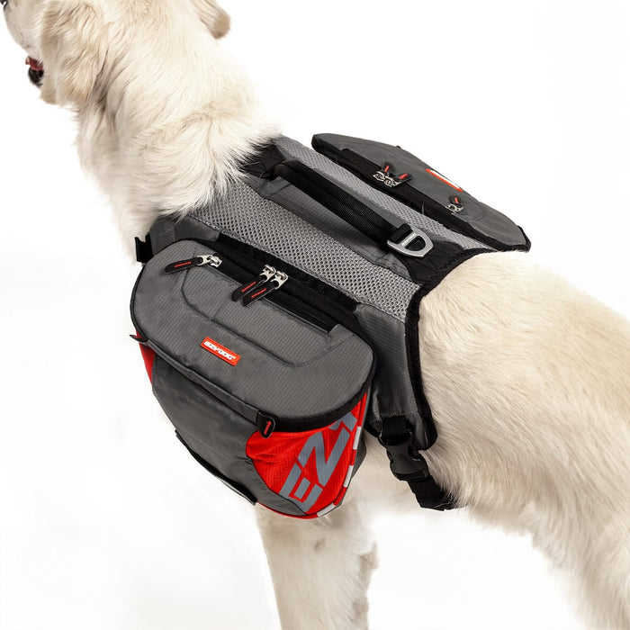 Dog wearing a gray and red backpack on a white background