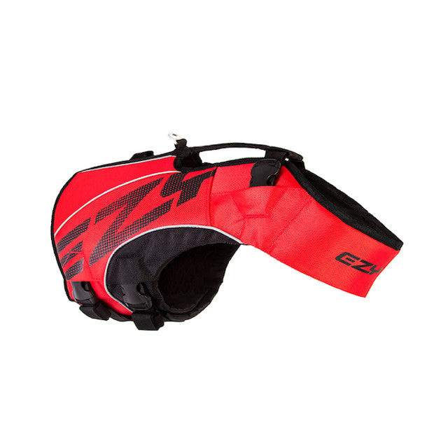 Red DFD X2 boost dog life jacket on white background