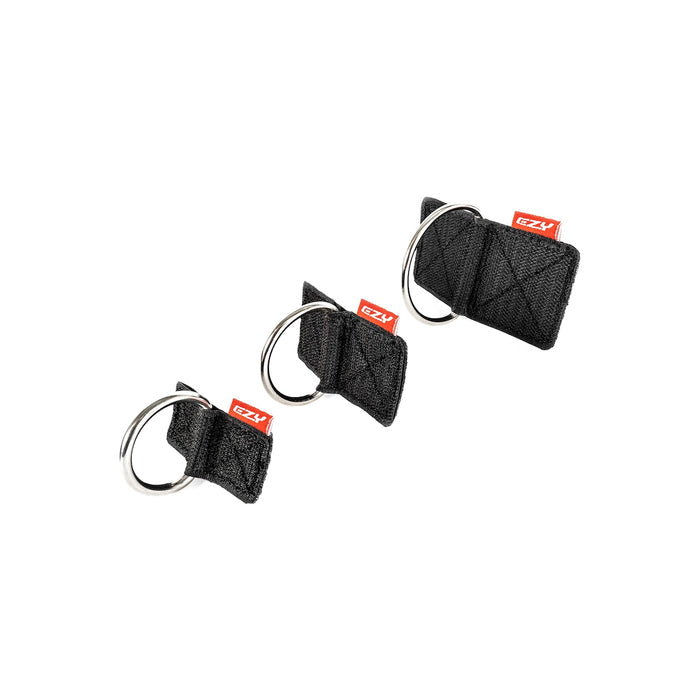 Three black key holders with metal rings on a white background.