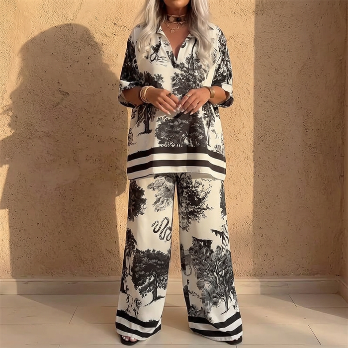 Vivara – Printed V-Neck Top and Wide Leg Pants Set