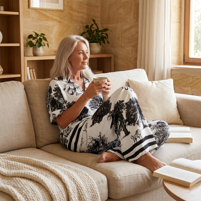 Vivara – Printed V-Neck Top and Wide Leg Pants Set