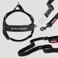 Walking bundle includes Ezydog Zero Shock Leash 48", Quick Fit Dog Harness, Click Adjustable Car Restraint in black color.