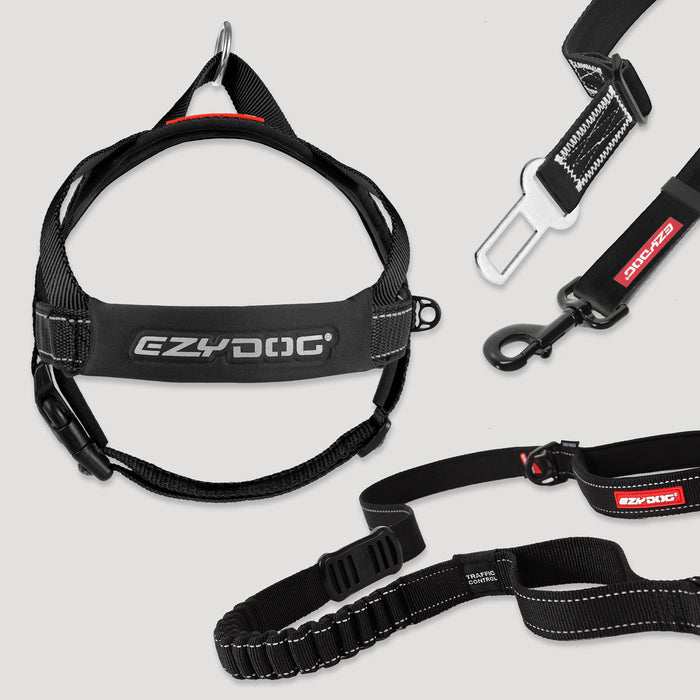 Walking bundle includes Ezydog Zero Shock Leash 48", Quick Fit Dog Harness, Click Adjustable Car Restraint in black color.