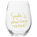 The Wine Glass – Santa, Please Bring Wine by Available for Pick-Up & Delivery is a clear stemless glass showcasing metallic gold text and festive star and gift box designs, perfect for enjoying your holiday drink.