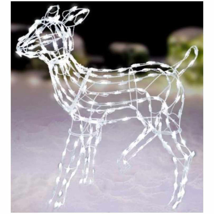 The Woodland Fawn - LED Outdoor Decor - 37" by Available for Pickup & Delivery is a weather-resistant, glowing wire-frame reindeer, perfect for holiday lawns, illuminated by white lights and designed to shine on snowy nights.