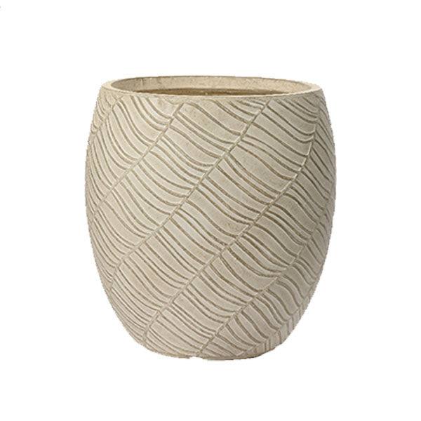 The Zara Planter - Off White by All Delivery Options is a 12.20-inch, rounded planter with embossed diagonal wavy patterns, a drainage hole, and comes in an off-white finish against a plain white background.